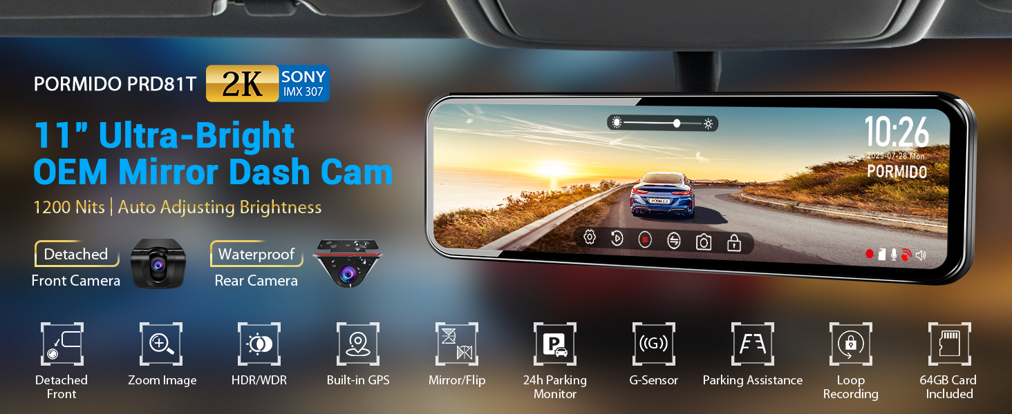 yudai 1173 　PORMIDO PRA105 Amazon.com: PORMIDO OEM 2K Rear View Mirror Camera,10